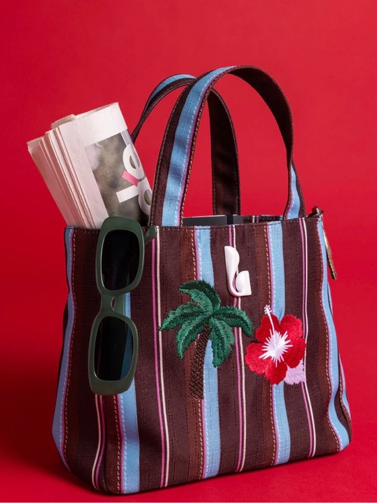 Larroude Handbags - Larroude Striped Brown & Blue Embroidered Tote Bag - Women